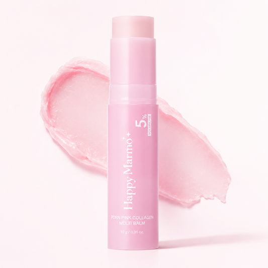 Happy Marmo PDRN Pink Collagen Multi Balm upright tube with glossy pink balm swipe